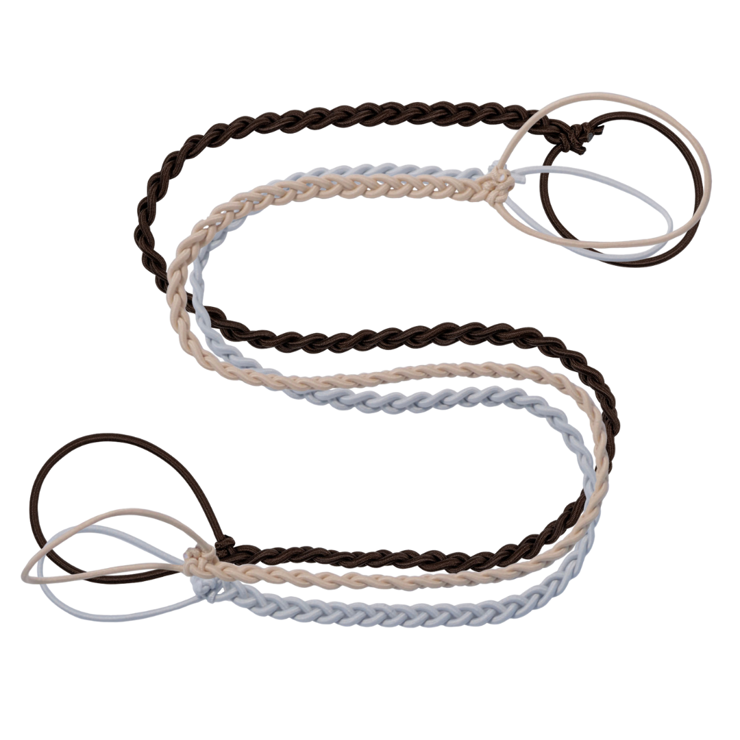 Five colorful braided lanyards forming an S-shape on a light background.