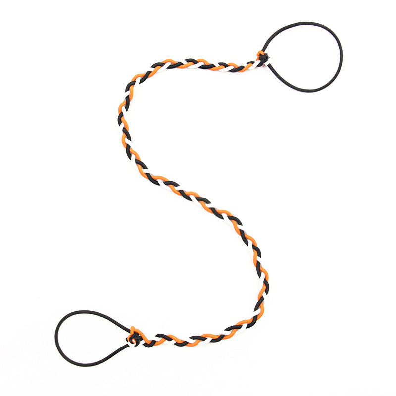 A tangle-free hair tie featuring a pattern of orange, black, and white colors, designed as a motorcycle hair wrap