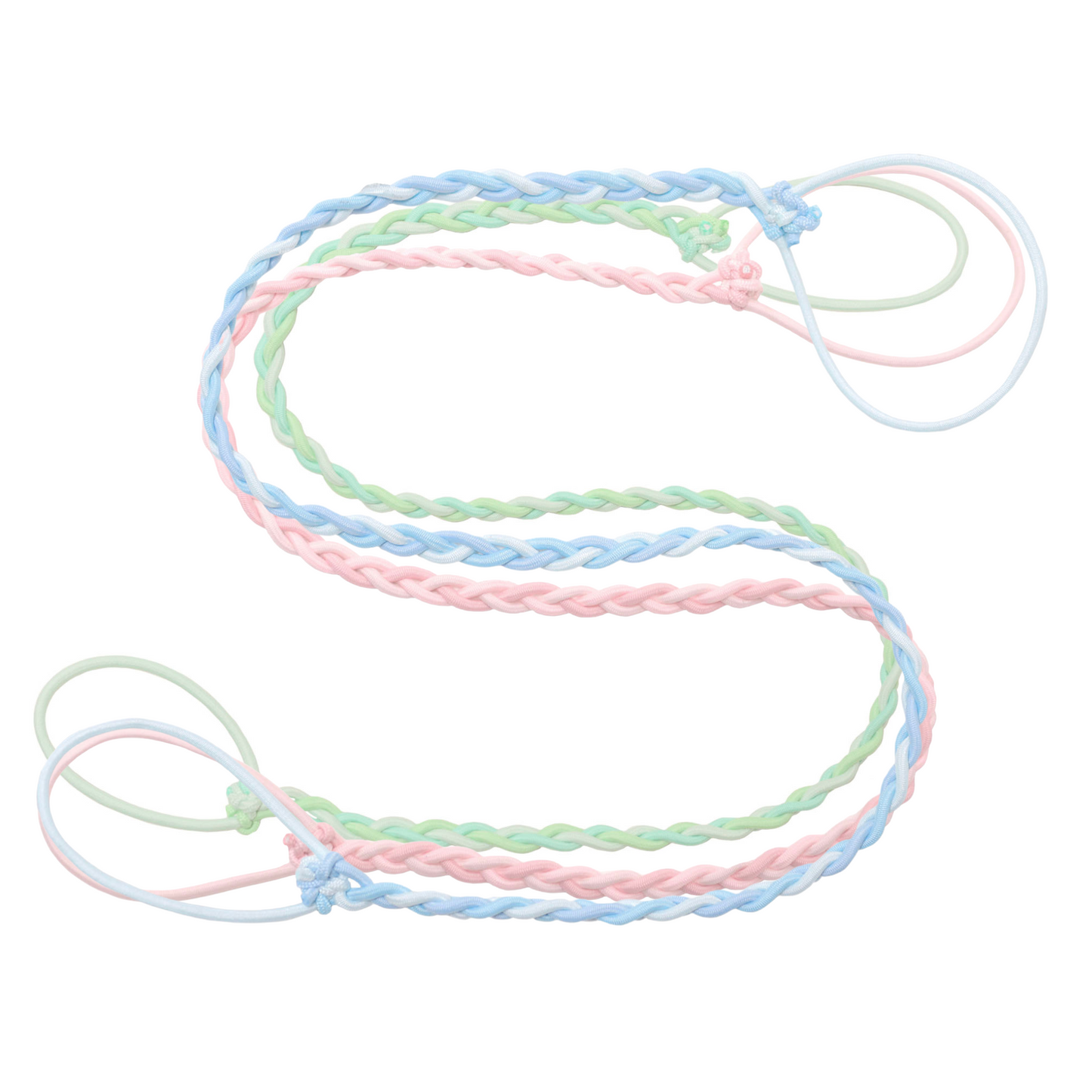 A set of three hair ties, blue hair ties, pink hair ties and green hair ties