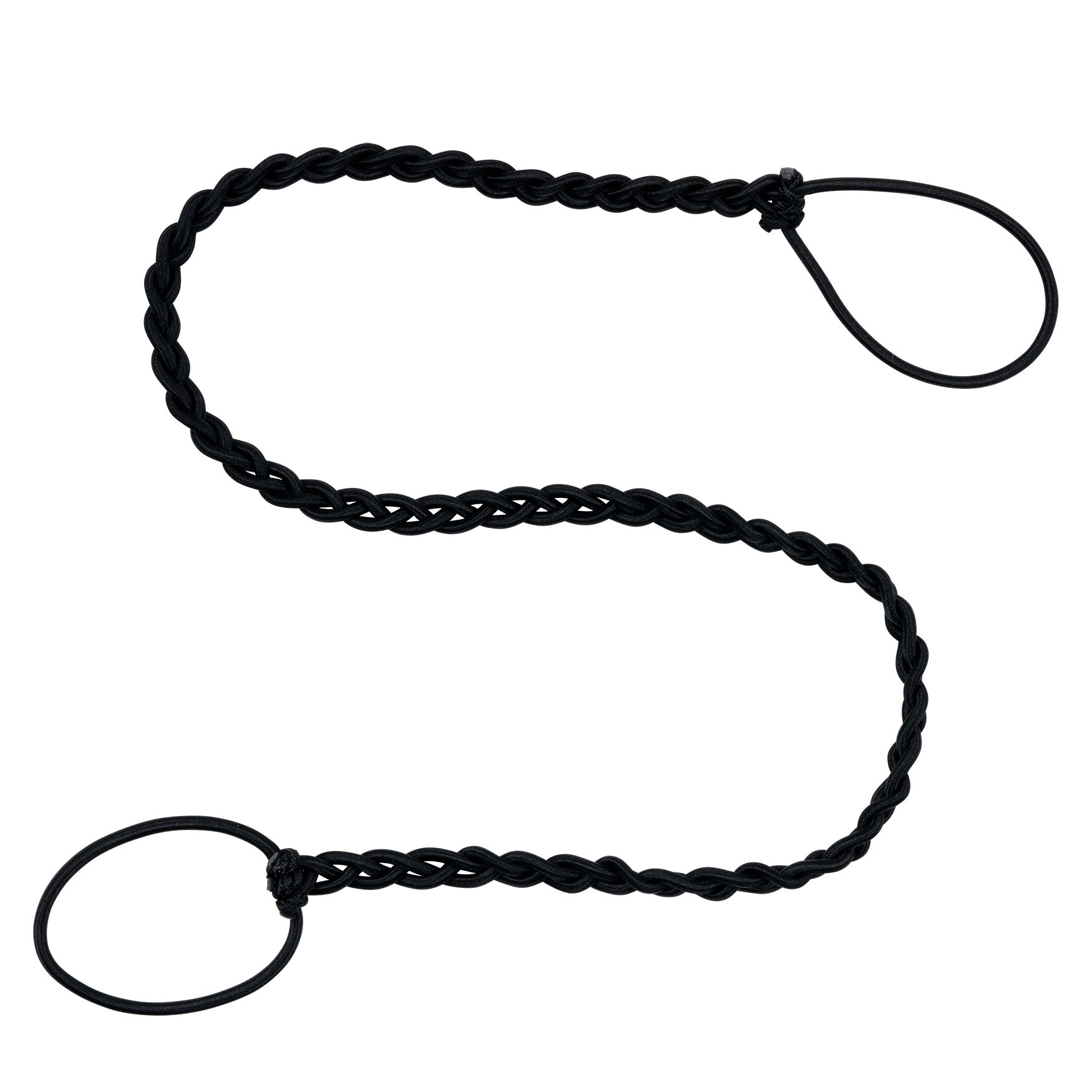 A black tangle-free hair tie designed for active use, featuring a braided elastic design with two loops.