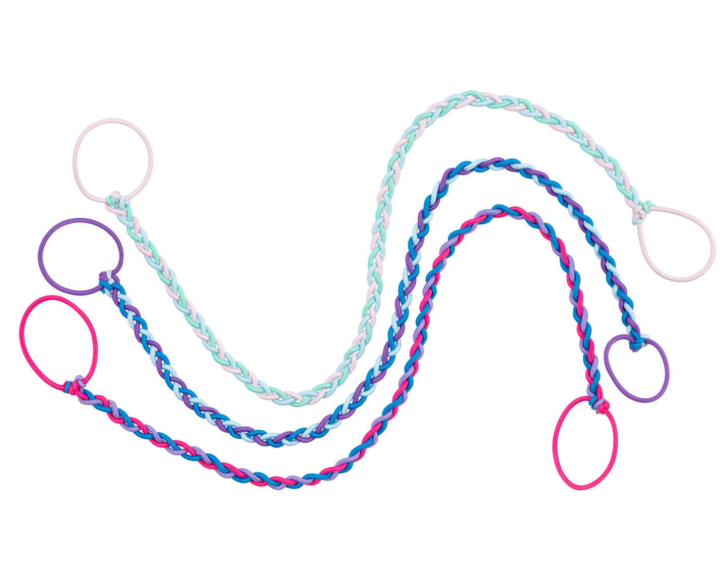 close up of multicolor cute hair ties, tangle free sports hair ties on white background