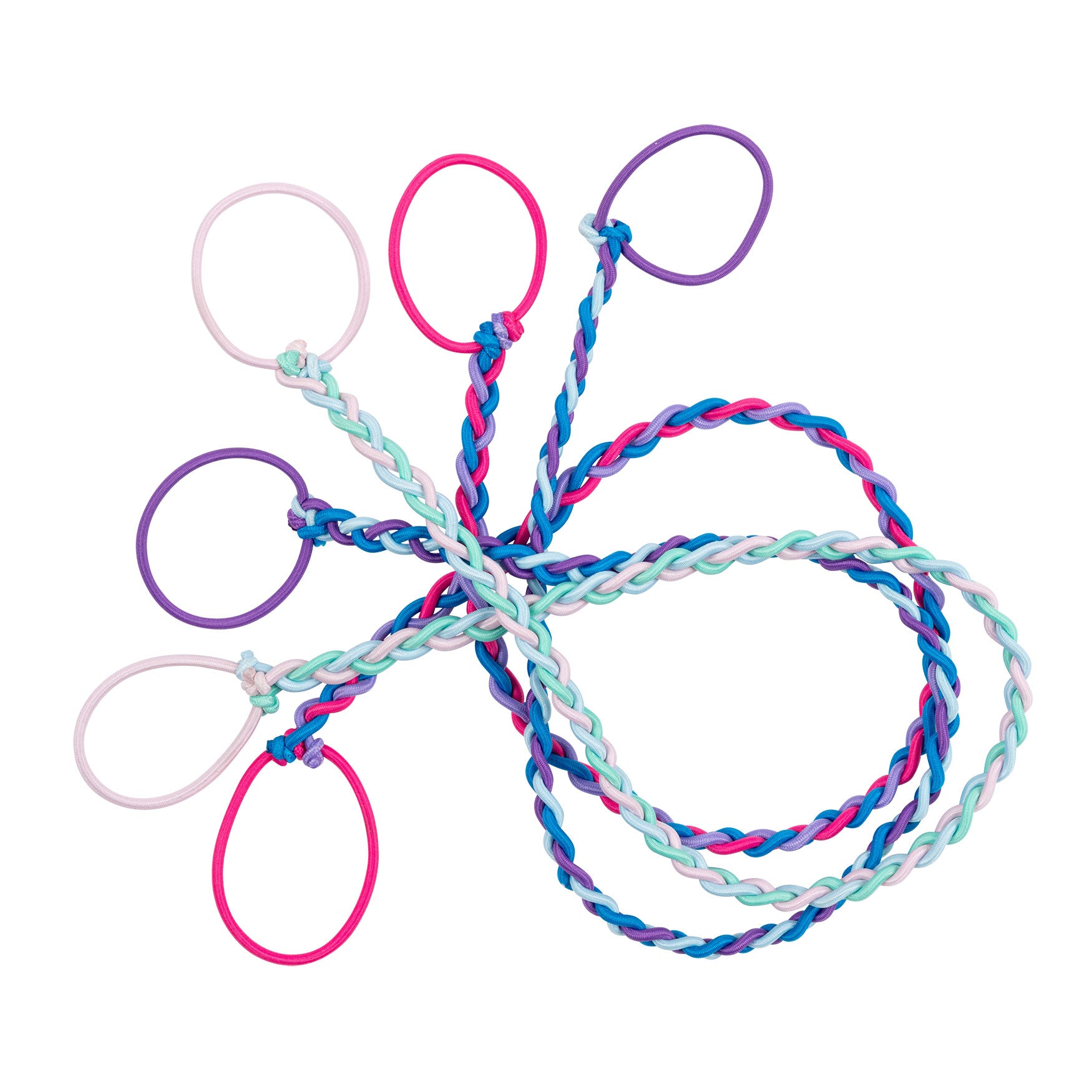 Five colorful braided lanyards forming an S-shape on a light background.