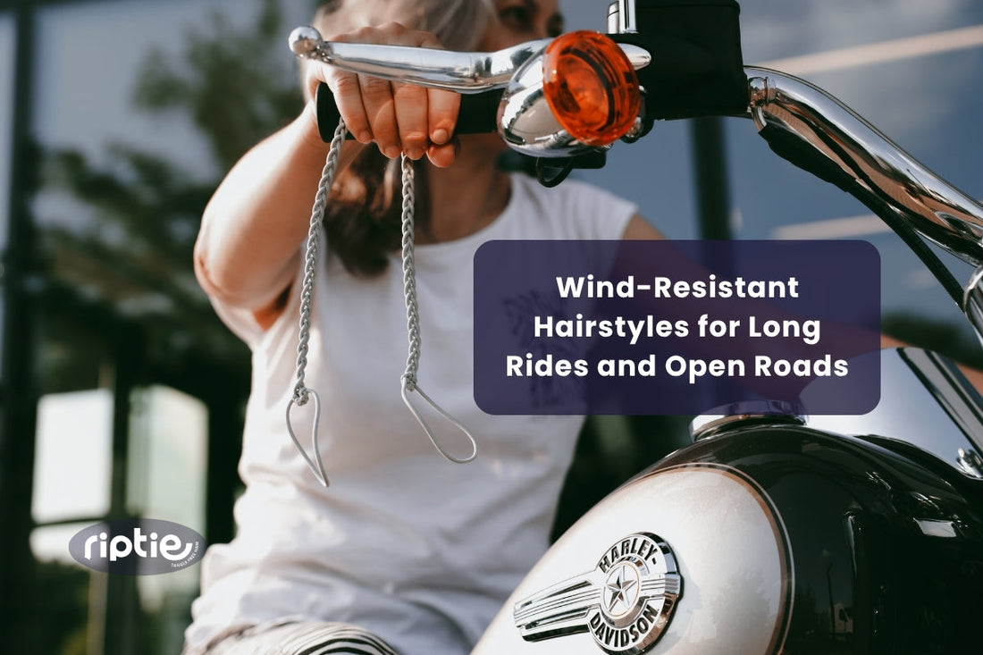 Woman holding gray Rip Tie on a Harley Davidson Motorcycle