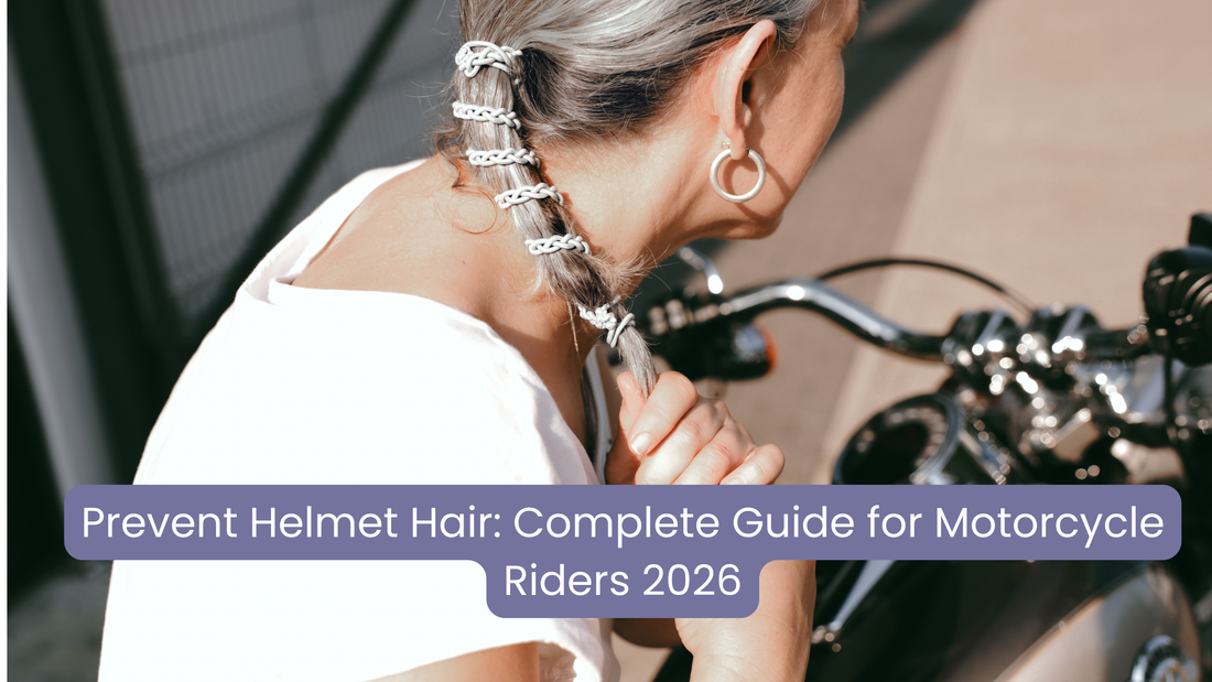 Motorcycle rider showing how to prevent helmet hair with proper techniques and hair care products