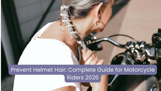 Motorcycle rider showing how to prevent helmet hair with proper techniques and hair care products