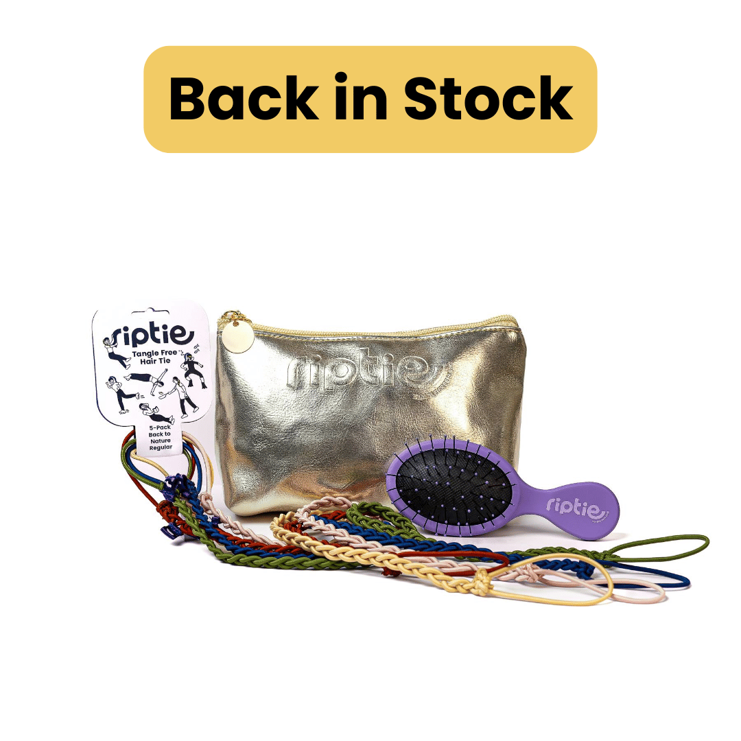 Gold Clutch, 5 Tangle-free Rip Tie hair ties and mini detangling brush — perfect hair care gift set for women