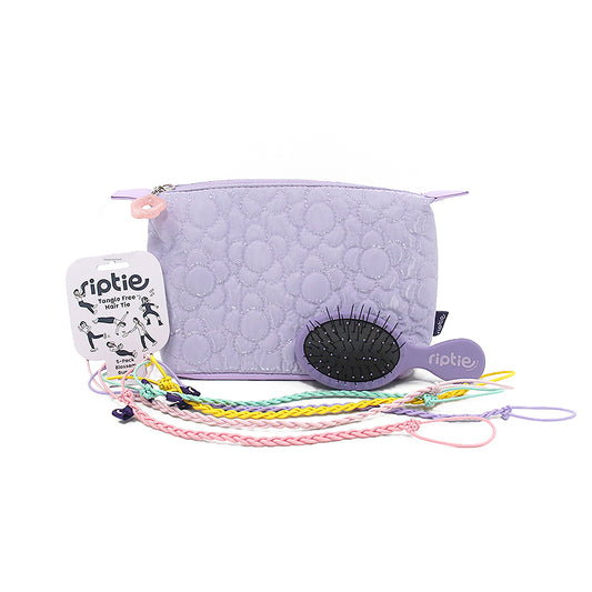 “Rip Tie Mini Blossom Gift Pack with 5 tangle-free cute  hair ties for fine hair, mini brush, and quilted lavender bag
