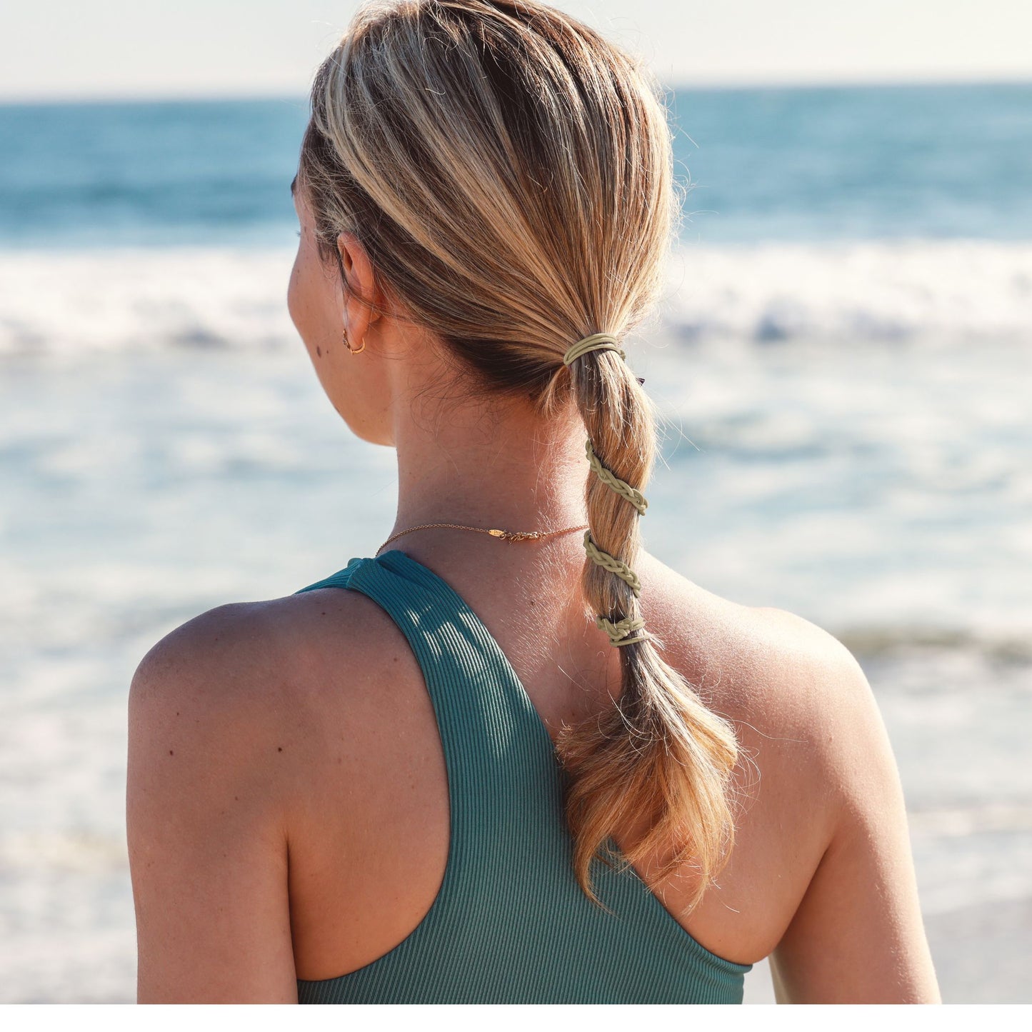blonde colored hair ties for fine hair in hair on beach
